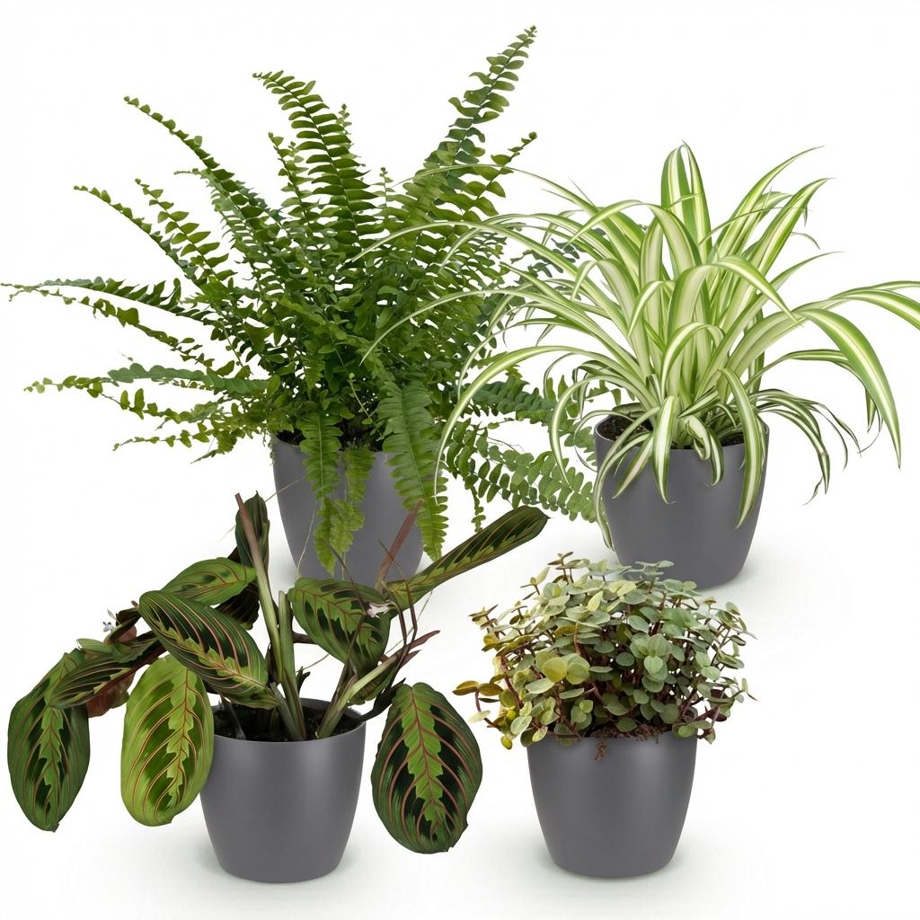 Green boutiQ - Zimmerpflanze - Chlorophytum - Maranta - Callisia - Nephrolepis - 4er-Set - Haustierfreundliche Pflanzen - Grün - 4 Pflanzen - mit grauem Übertopf - Topf 12 cm - Höhe 25 cm