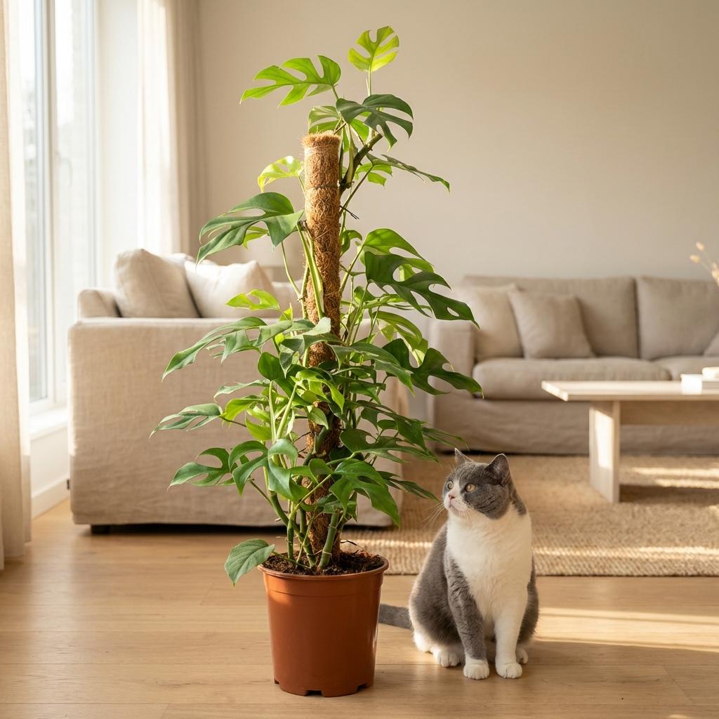 Green boutiQ - Zimmerpflanze - Mini-Fensterblatt - Monstera Minima Moosstab - Grün - pflegeleicht - 1 Pflanze - mit weißem Übertopf - Topf 19 cm - Höhe 90 cm