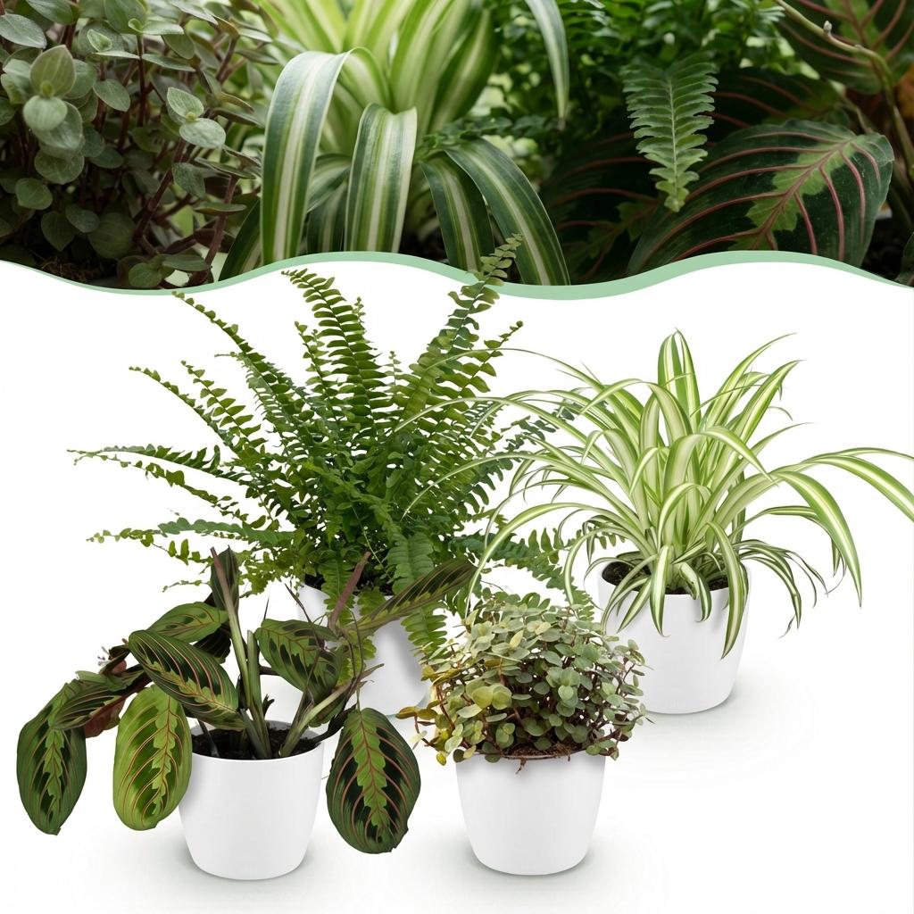 Green boutiQ - Zimmerpflanze - Grünlilie - Marante - Schönpolster - Schwertfarn - 4er-Set - Haustierfreundliche Pflanzen - Grün - 4 Pflanzen - mit weißem Übertopf - Topf 12cm - Höhe 25cm