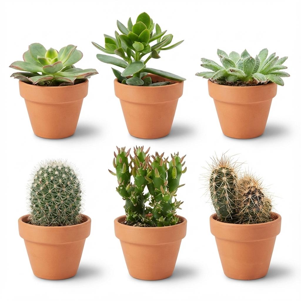 Mini-Kaktus- & Sukkulenten-Mix - 6 Stück - Ø 8,1 cm - Höhe: 5-10 cm - Terrakotta-Töpfe