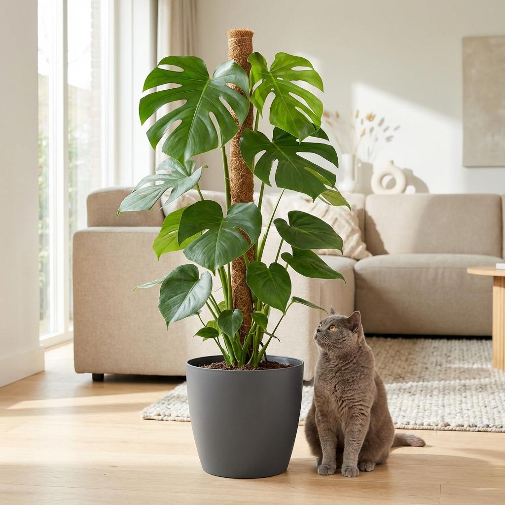 Green boutiQ - Plante d'intérieur - Monstera Deliciosa sur tuteur en mousse - Vert - Entretien facile - 1 plante - avec pot gris - Pot 19 cm - Hauteur 90 cm