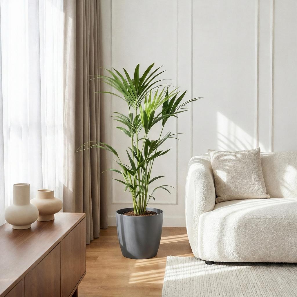 Green boutiQ - Plante d'intérieur - Howea Forsteriana - Kentia Palm - Peu d'entretien - Vert - 1 Plante - avec Pot Gris - Pot 21cm - Hauteur 120-130cm
