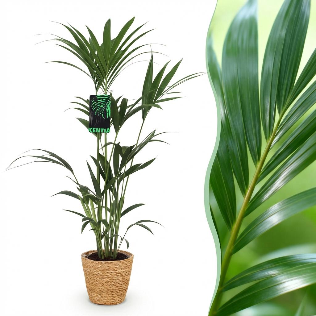 Green boutiQ - Plante d'intérieur - Howea Forsteriana - Palmier Kentia - Peu d'entretien - Vert - 1 Plante - avec Panier - Pot 21cm - Hauteur 120-130cm
