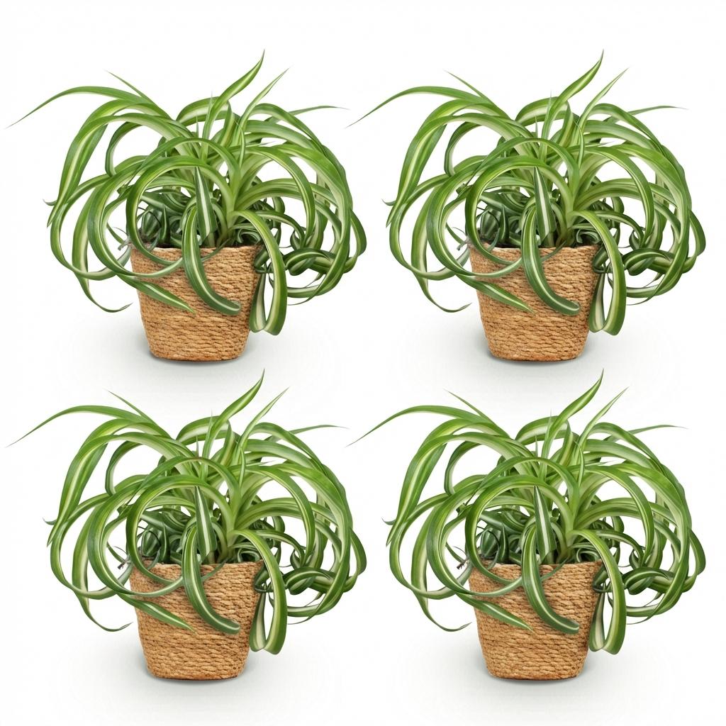 Green boutiQ - Plante d'intérieur - Chlorophytum comosum Bonnie - Phalangère frisée - Plante adaptée aux animaux domestiques - Vert - 4 Plantes - avec Panier - Pot 12cm - Hauteur 20cm