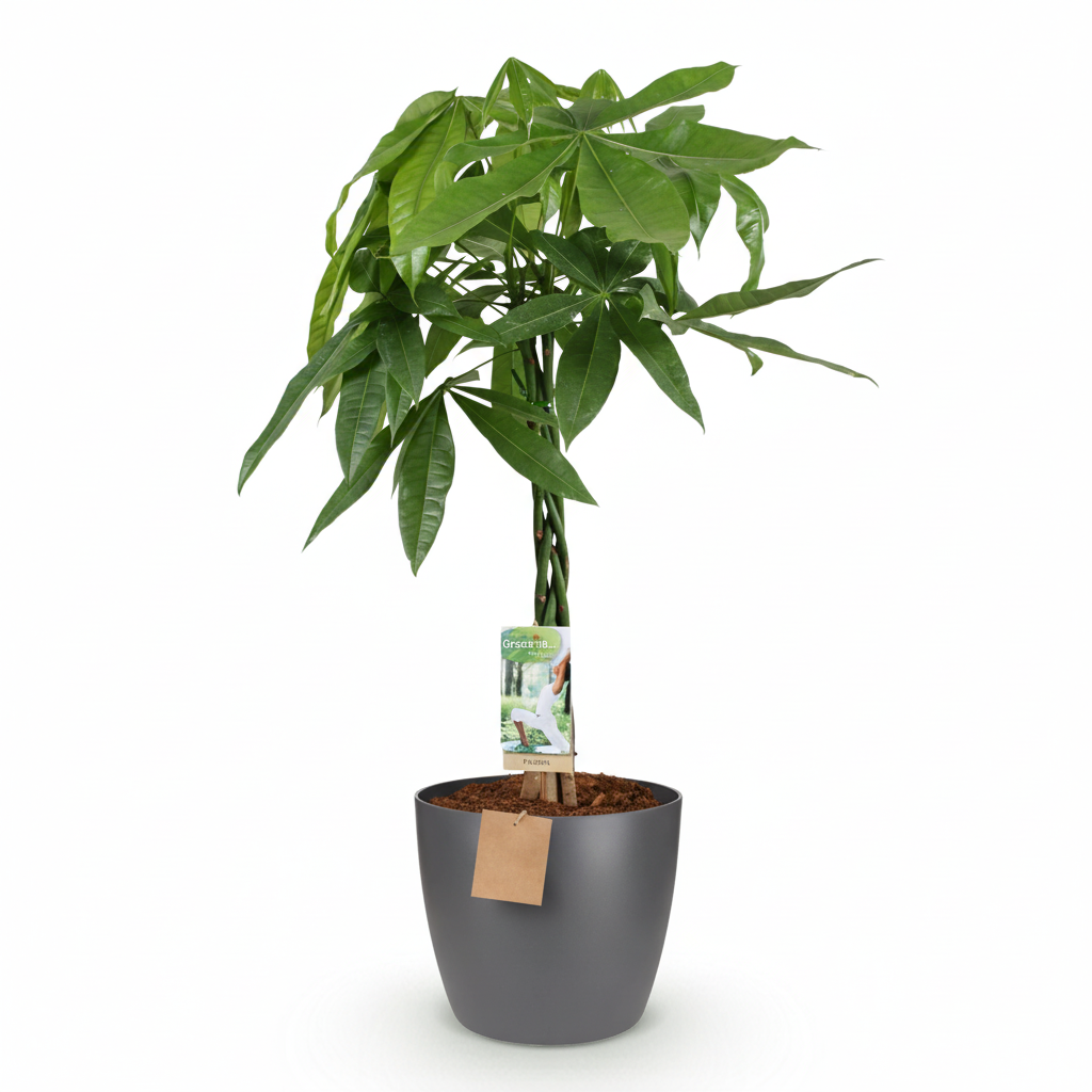 Green boutiQ - Plante d'intérieur - Arbre à monnaie - Pachira Aquatica - Vert - Entretien facile - 1 plante - avec pot gris - Pot 21cm - Hauteur 75 - 85cm