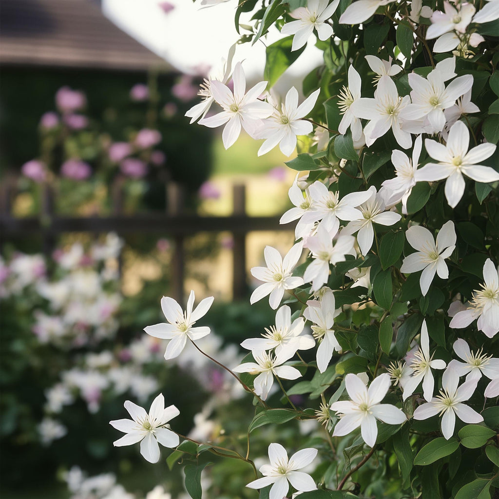 Green boutiQ - Kletterpflanze - Clematis armandii Apple Blossom - Blüte Rosa - Immergrün - Pflegeleicht - 1 Pflanze Topf 11cm Höhe 40cm