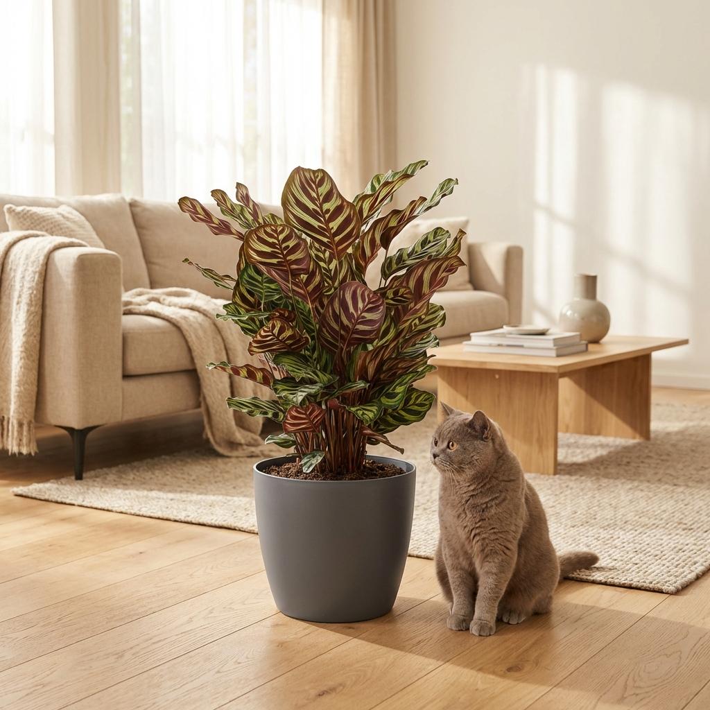 Green boutiQ - Plante d'intérieur - Plante paon - Calathea Makoyana - Vert - Entretien facile - 1 plante - avec pot gris - Pot 19cm - Hauteur 70cm