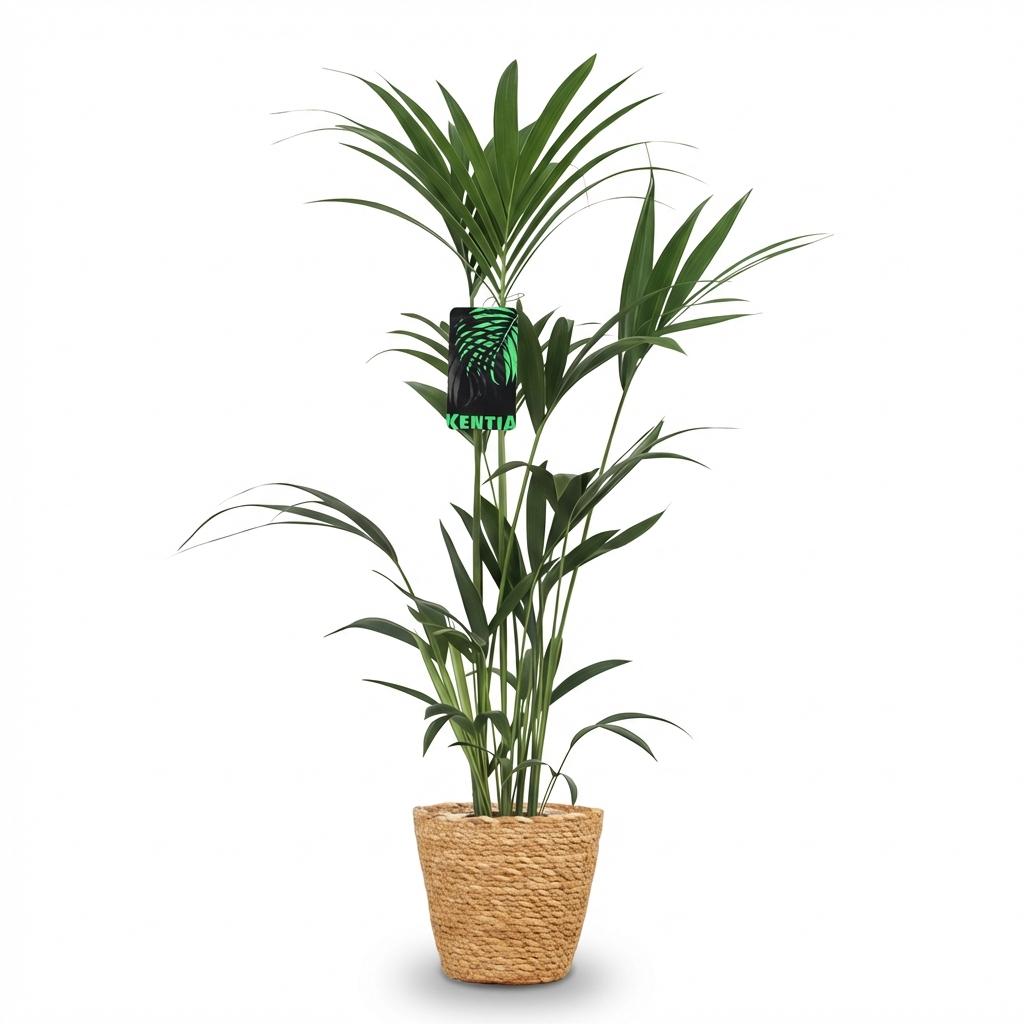 Green boutiQ - Plante d'intérieur - Howea Forsteriana - Palmier Kentia - Peu d'entretien - Vert - 1 Plante - avec Panier - Pot 21cm - Hauteur 120-130cm