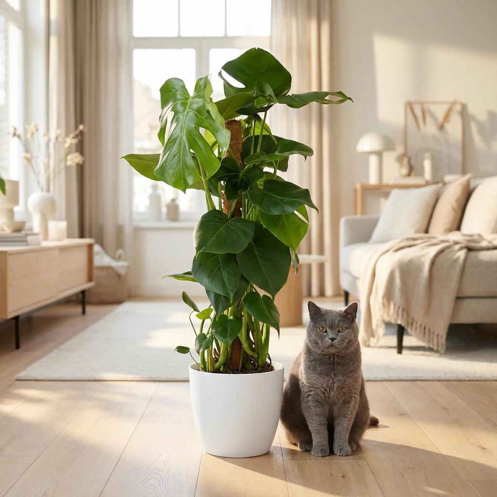 Green boutiQ - Plante d'intérieur - Monstera Deliciosa sur tuteur - Vert - Entretien facile - 1 plante - avec pot blanc - Pot 19cm - Hauteur 90cm