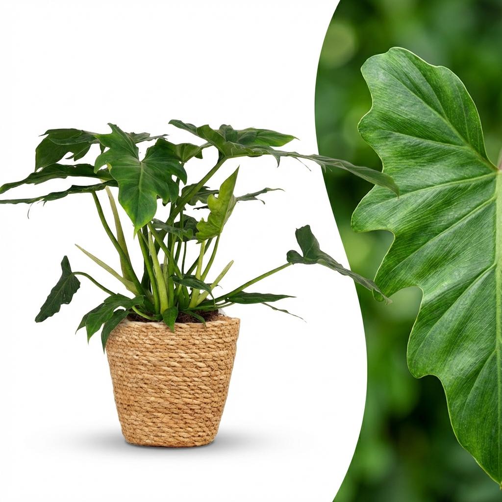 Green boutiQ - Plante d'intérieur - Philodendron - Philodendron Lacerum - Vert - Peu d'entretien - 1 plante - avec panier - Pot 19cm - Hauteur 65cm