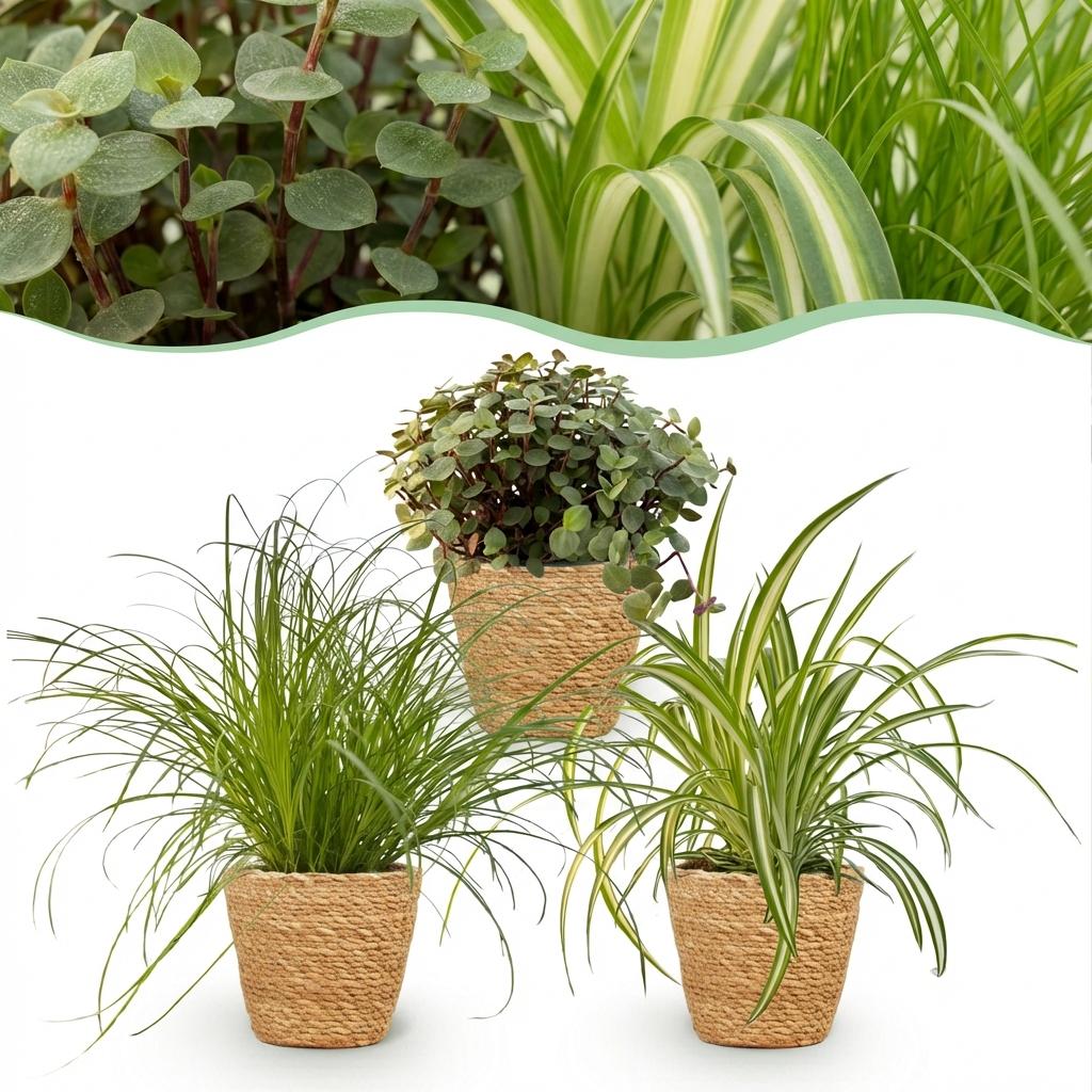 Green boutiQ - Zimmerpflanze - Cyperus - Callisia - Chlorophytum - 3er-Set - Haustierfreundliche Pflanzen - Grün - 3 Pflanzen - mit Korb - Topf 12cm - Höhe 20cm