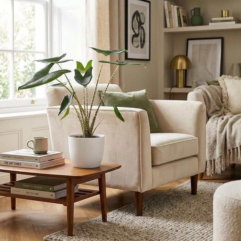 Green boutiQ - Kamerplant - Olifantsoor - Alocasia Zebrina - Groen - Weinig onderhoud - 1 Plant - met Potter Wit - Pot 21 cm - Hoogte 70 - 75cm
