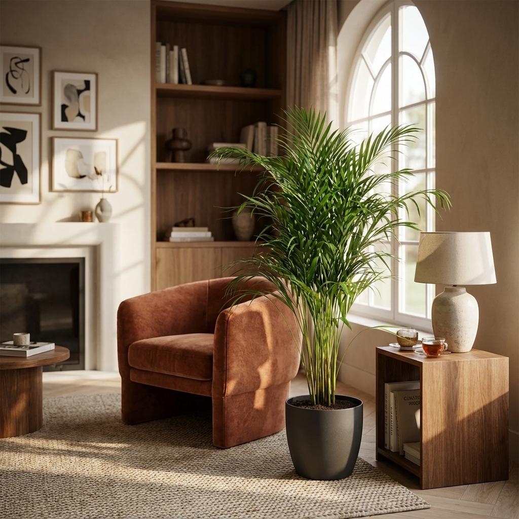 Green boutiQ - Plante d'intérieur - Palmier doré - Dypsis Lutescens Areca - Vert - Peu d'entretien - 1 plante - avec pot gris - Pot 21cm - Hauteur 90 - 100cm