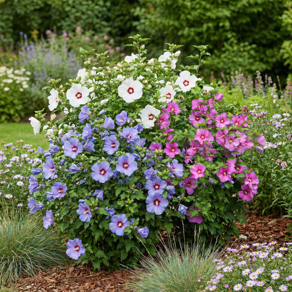 Green boutiQ - Arbustes - Hibiscus syriacus Tricolore - Fleurs rose, blanc et bleu - 3 Plantes - Caduc - Entretien facile - Pot 17cm Hauteur 45cm