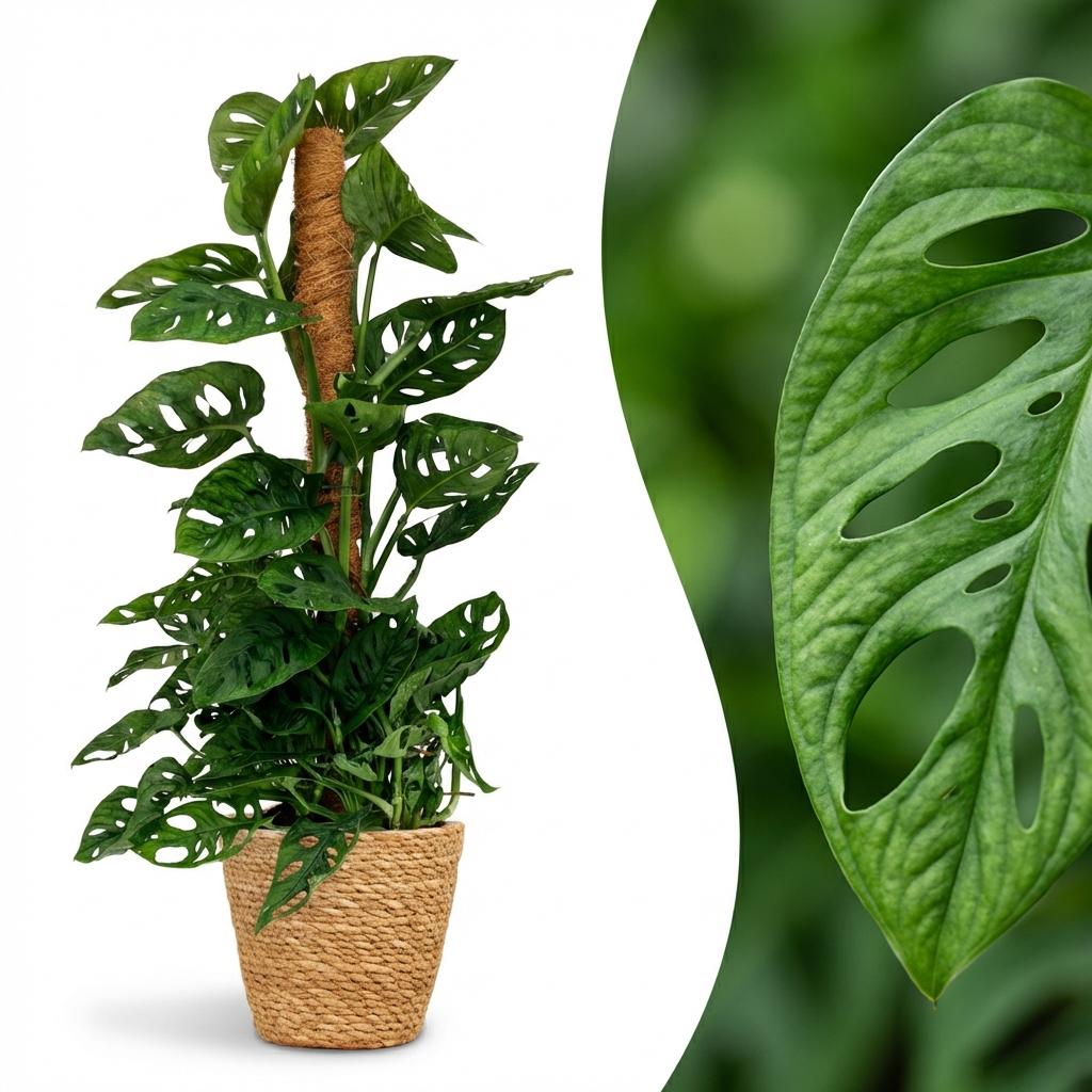 Green boutiQ - Plante d'intérieur - Monkey Mask - Monstera Adansonii sur tuteur - Vert - Entretien facile - 1 plante - avec panier - Pot 19cm - Hauteur 90cm