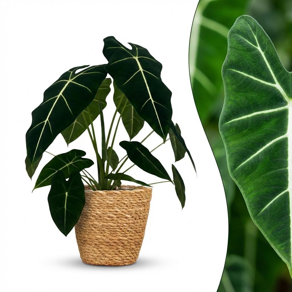 Green boutiQ - Zimmerpflanze - Alocasia Frydek (Elefantenohr) - Grün - Pflegeleicht - 1 Pflanze - mit Korb - Topf 19cm - Höhe 60cm