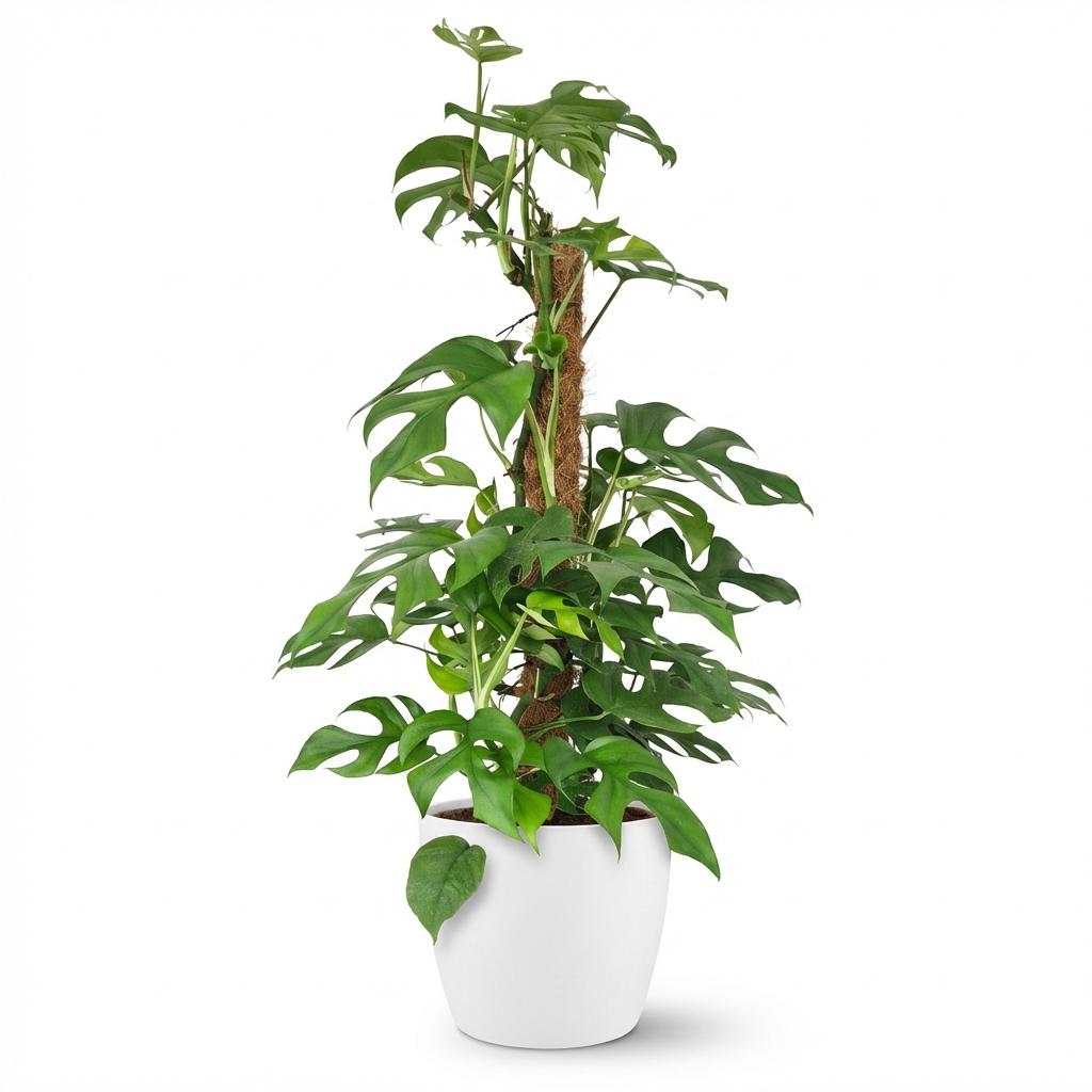 Green boutiQ - Zimmerpflanze - Mini-Fensterblatt - Monstera Minima Moosstab - Grün - pflegeleicht - 1 Pflanze - mit weißem Übertopf - Topf 19 cm - Höhe 90 cm