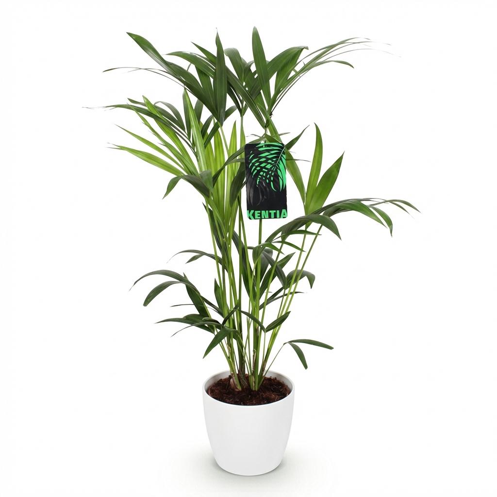 Green boutiQ - Plante d'intérieur - Howea Forsteriana - Kentia Palm - Peu d'entretien - Verte - 1 Plante - avec Cache-pot Blanc - Pot 19cm - Hauteur 80-85cm