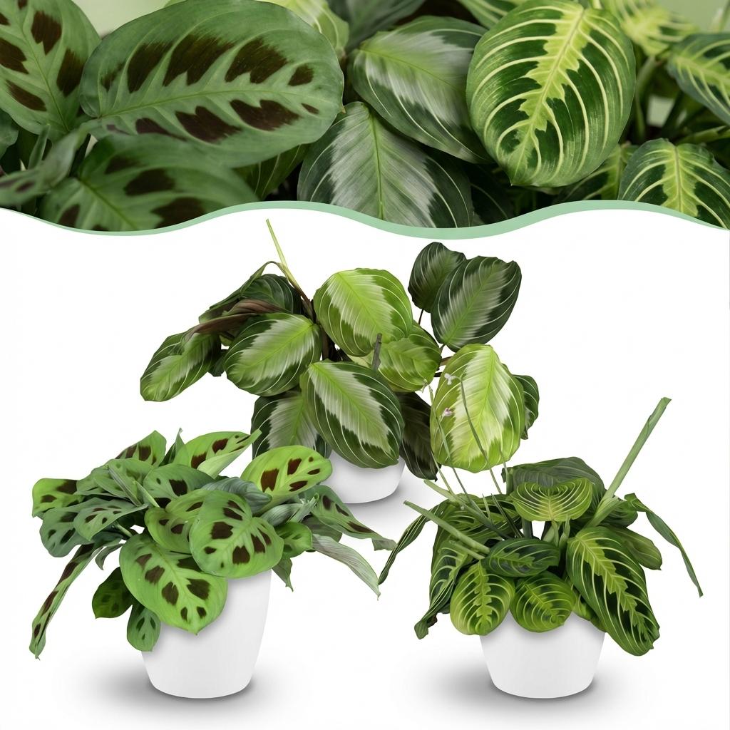 Green boutiQ - Zimmerpflanze - Maranta Silverband, Maranta Lemon Lime, Maranta Kerchoveana - Gebetspflanze - Haustierfreundliche Pflanze - Grün - 3 Pflanzen - mit Topf Weiß - Topf 12cm - Höhe 25cm