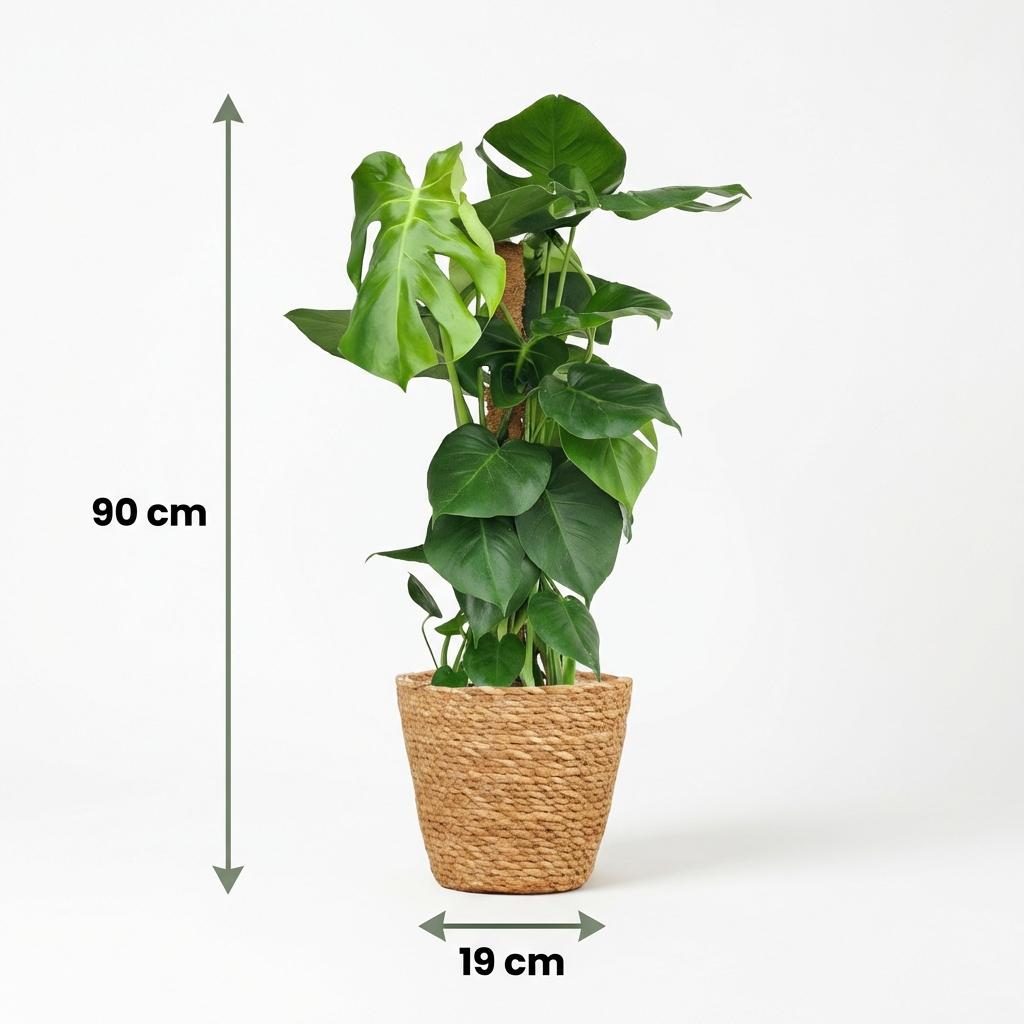 Green boutiQ - Plante d'intérieur - Monstera - Monstera Deliciosa sur tuteur - Vert - Entretien facile - 1 plante - avec Panier - Pot 19cm - Hauteur 90cm