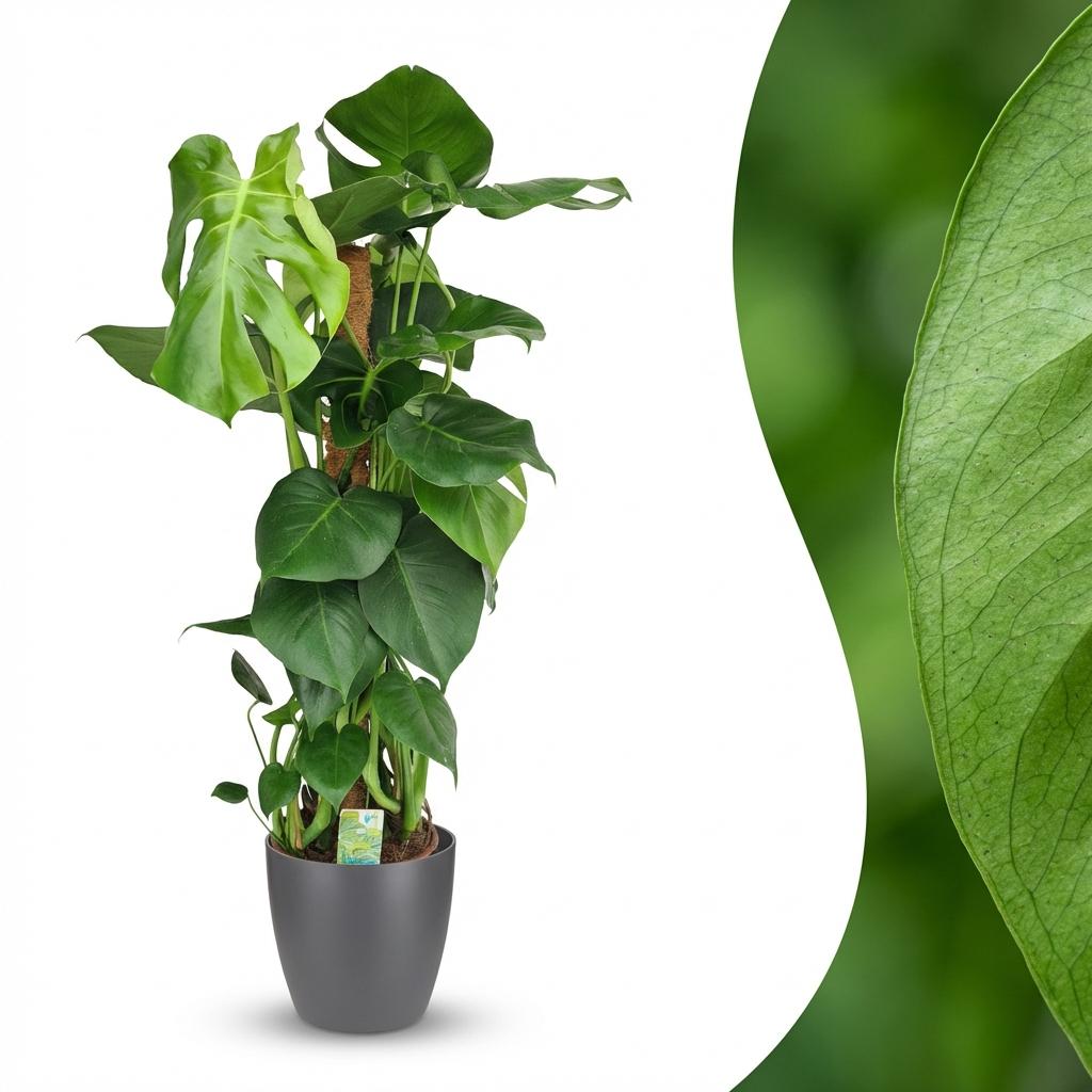 Green boutiQ - Plante d'intérieur - Monstera Deliciosa sur tuteur en mousse - Vert - Entretien facile - 1 plante - avec pot gris - Pot 19 cm - Hauteur 90 cm