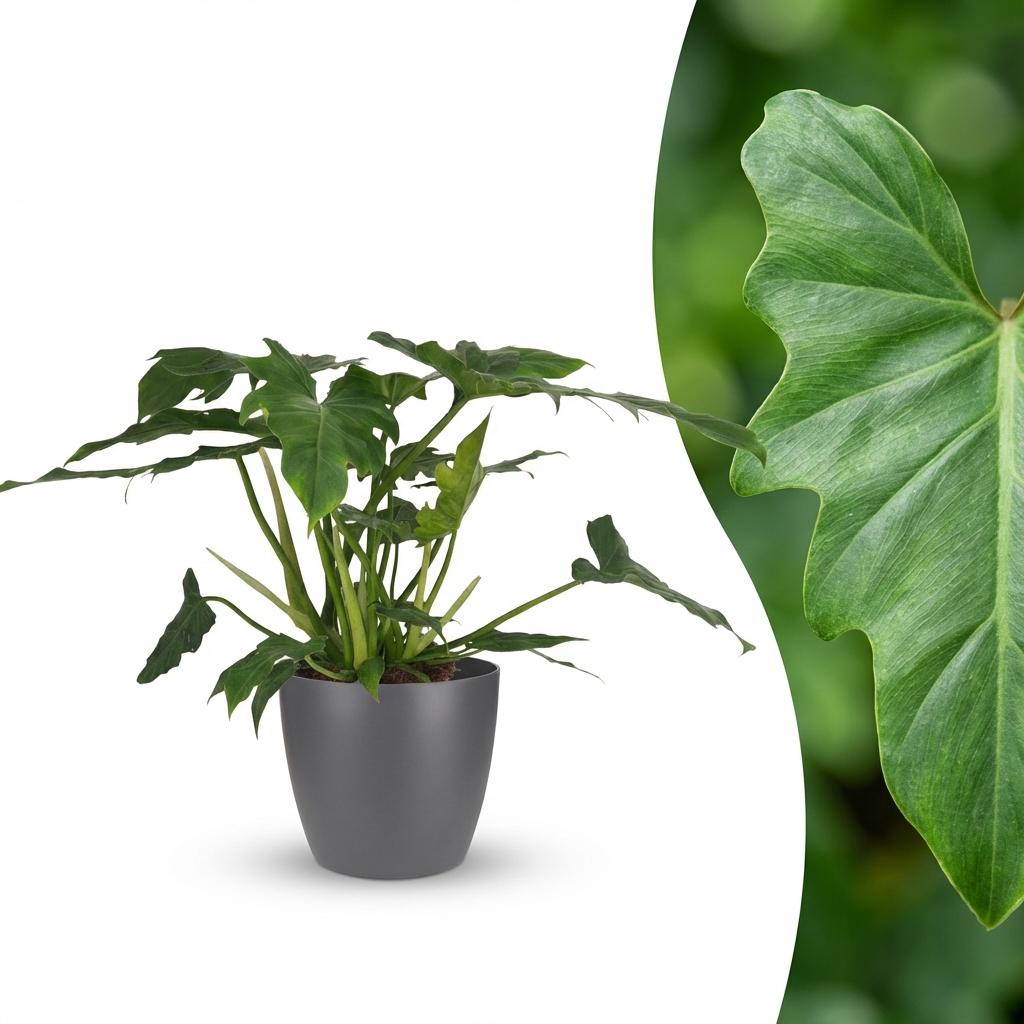 Green boutiQ - Plante d'intérieur - Philodendron - Philodendron Lacerum - Vert - Peu d'entretien - 1 plante - avec pot gris - Pot 19cm - Hauteur 65cm