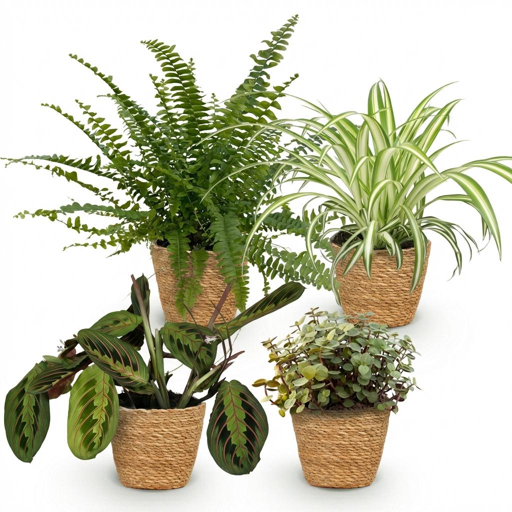 Green boutiQ - Plante d'intérieur - Chlorophytum - Maranta - Callisia - Nephrolepis - Mix de 4 - Plantes adaptées aux animaux - Vert - 4 Plantes - avec panier - Pot 12cm - Hauteur 25cm