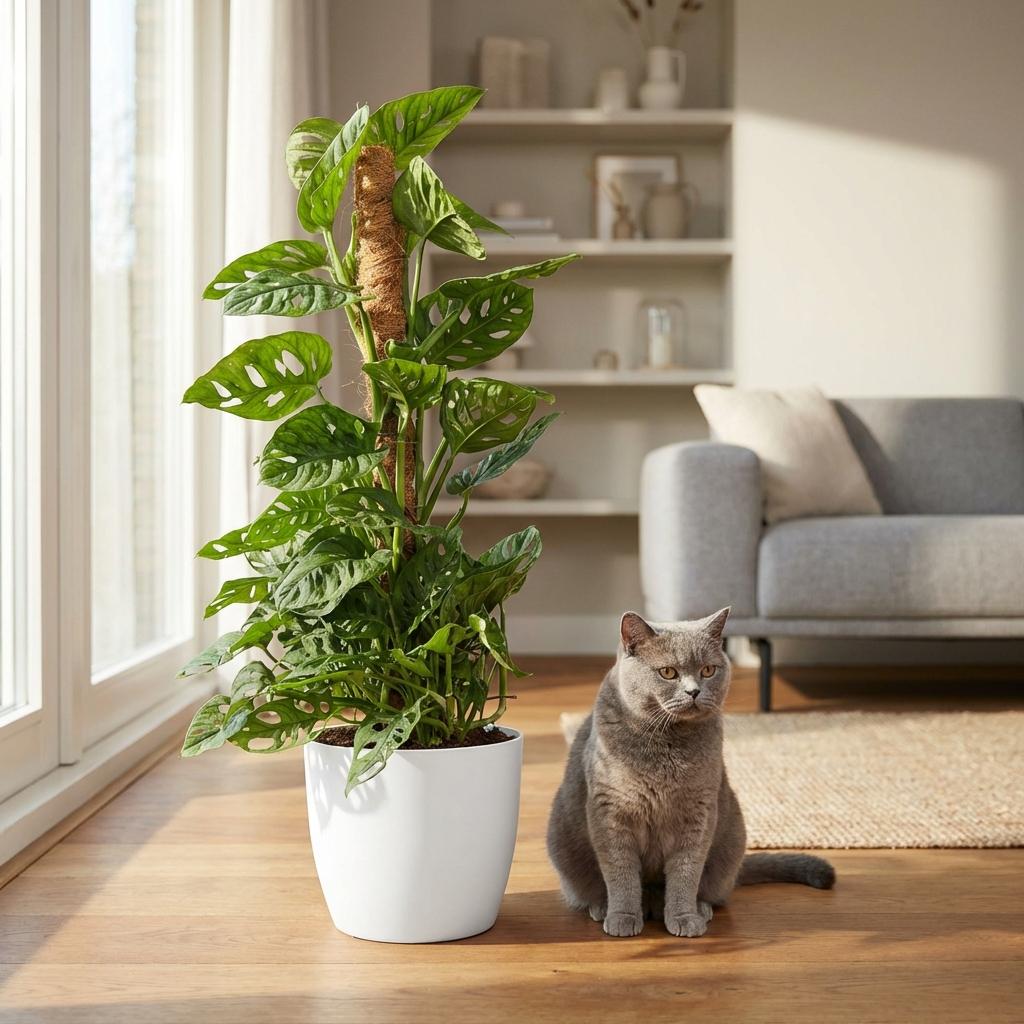Green boutiQ - Plante d'intérieur - Monkey Mask - Monstera Adansonii sur tuteur - Vert - Peu d'entretien - 1 plante - avec pot blanc - Pot 19 cm - Hauteur 90 cm
