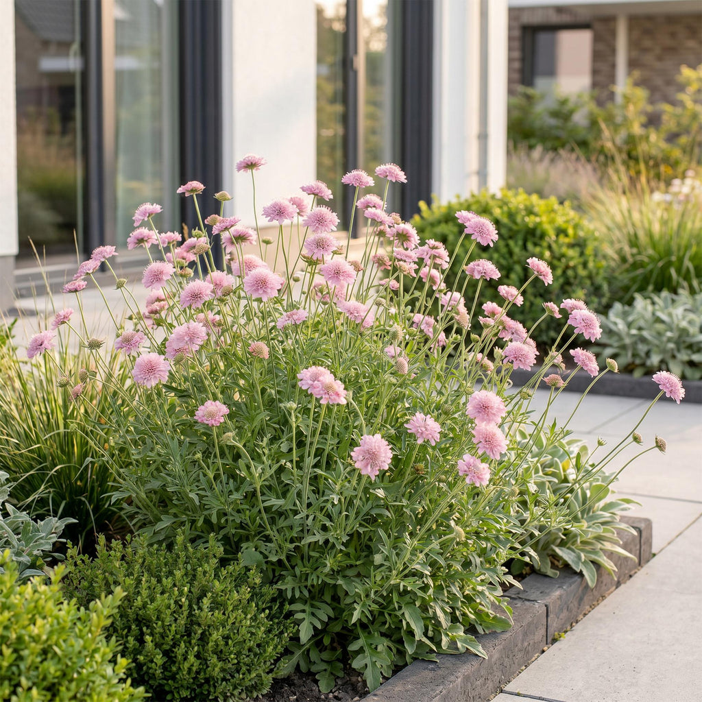 Green boutiQ - Stauden - Scabiosa col. Pink Mist - Tauben-Skabiose - Bienen- und Schmetterlingsmagnet - Rosa - 6 Pflanzen - Topf 11cm - Höhe 15-25cm