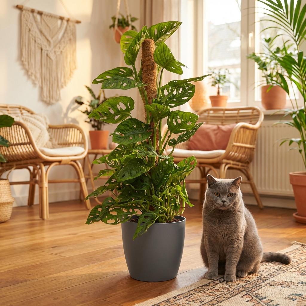 Green boutiQ - Plante d'intérieur - Monkey Mask - Monstera Adansonii sur tuteur - Vert - Peu d'entretien - 1 plante - avec pot gris - Pot 19cm - Hauteur 90cm