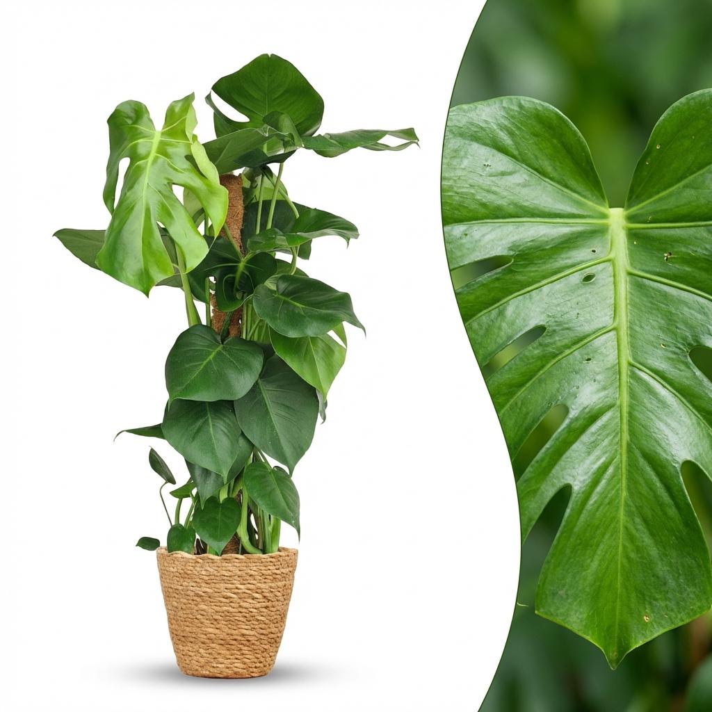 Green boutiQ - Plante d'intérieur - Monstera - Monstera Deliciosa sur tuteur - Vert - Entretien facile - 1 plante - avec Panier - Pot 19cm - Hauteur 90cm