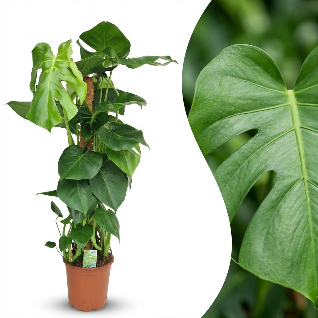 Green boutiQ - Plante d'intérieur - Monstera Deliciosa tuteur en mousse - Vert - Peu d'entretien - 1 plante - Pot 19cm - Hauteur 90cm