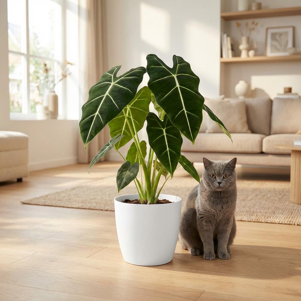 Green boutiQ - Plante d'intérieur - Oreille d'éléphant - Alocasia Frydek - Vert - Peu d'entretien - 1 Plante - avec Pot Blanc - Pot 19cm - Hauteur 60cm