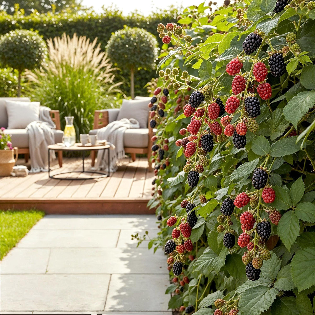 Green boutiQ - Plants fruitiers - Mûrier sans épines - Rubus Thornfree - Rustique - 3 plantes - Pot 9 cm - Mûre noire