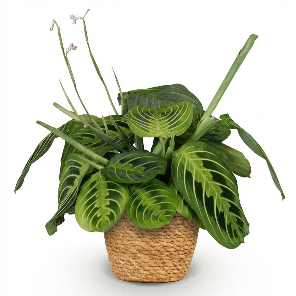 Green boutiQ - Plante d'intérieur - Maranta Fascinator Lemon Lime - Plante prière - Plante adaptée aux animaux de compagnie - Vert - 1 plante - avec panier - Pot 12cm - Hauteur 25cm