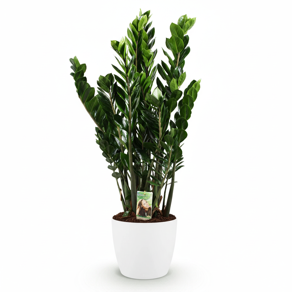 Green boutiQ - Plante d'intérieur - Zamioculcas - Zamioculcas Zamiifolia - Vert - Peu d'entretien - 1 plante - avec pot blanc - Pot 21 cm - Hauteur 80 - 90 cm
