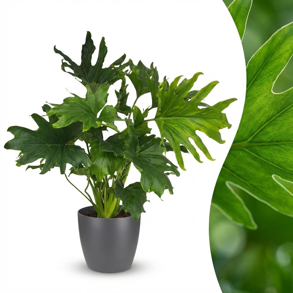 Green boutiQ - Plante d'intérieur - Philodendron - Philodendron Lickety Split - Vert - Entretien facile - 1 plante - avec pot gris - Pot 19cm - Hauteur 70cm