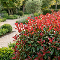 Green boutiQ - 24x Photinia fraseri Carre Rouge - Glansmispel - Haagplanten - Groenblijvend - Rood - Pot 9cm - Hoogte 25-35cm