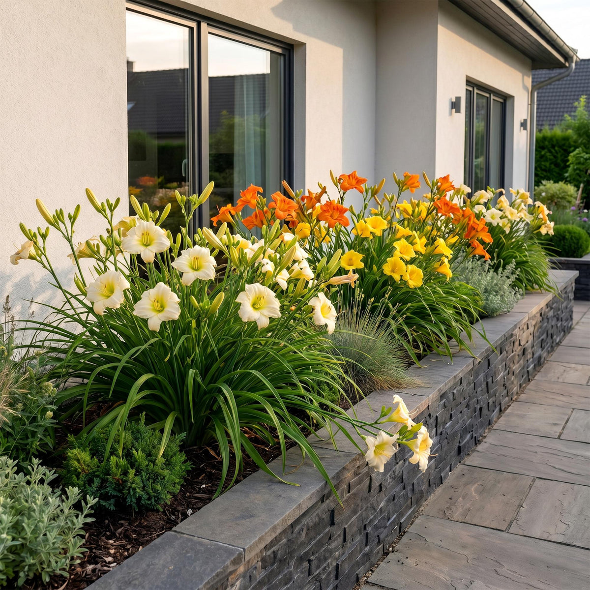 Green boutiQ - Stauden - Hemerocallis Tricolor - Taglilie - Bienen- und Schmetterlingsmagnet - Creme - Gelb - Rot - 6 Pflanzen - Topf 11 cm - Höhe 15-25 cm