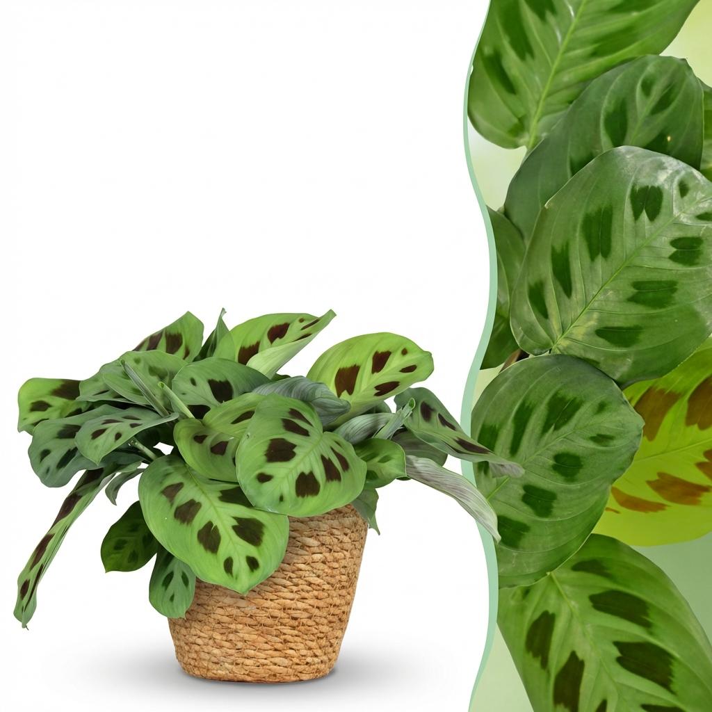 Green boutiQ - Zimmerpflanze - Maranta Fascinator Kerchoveana - Zebra-Pfeilwurz - Haustierfreundliche Pflanze - Grün - 1 Pflanze - mit Korb - Topf 12cm - Höhe 25cm