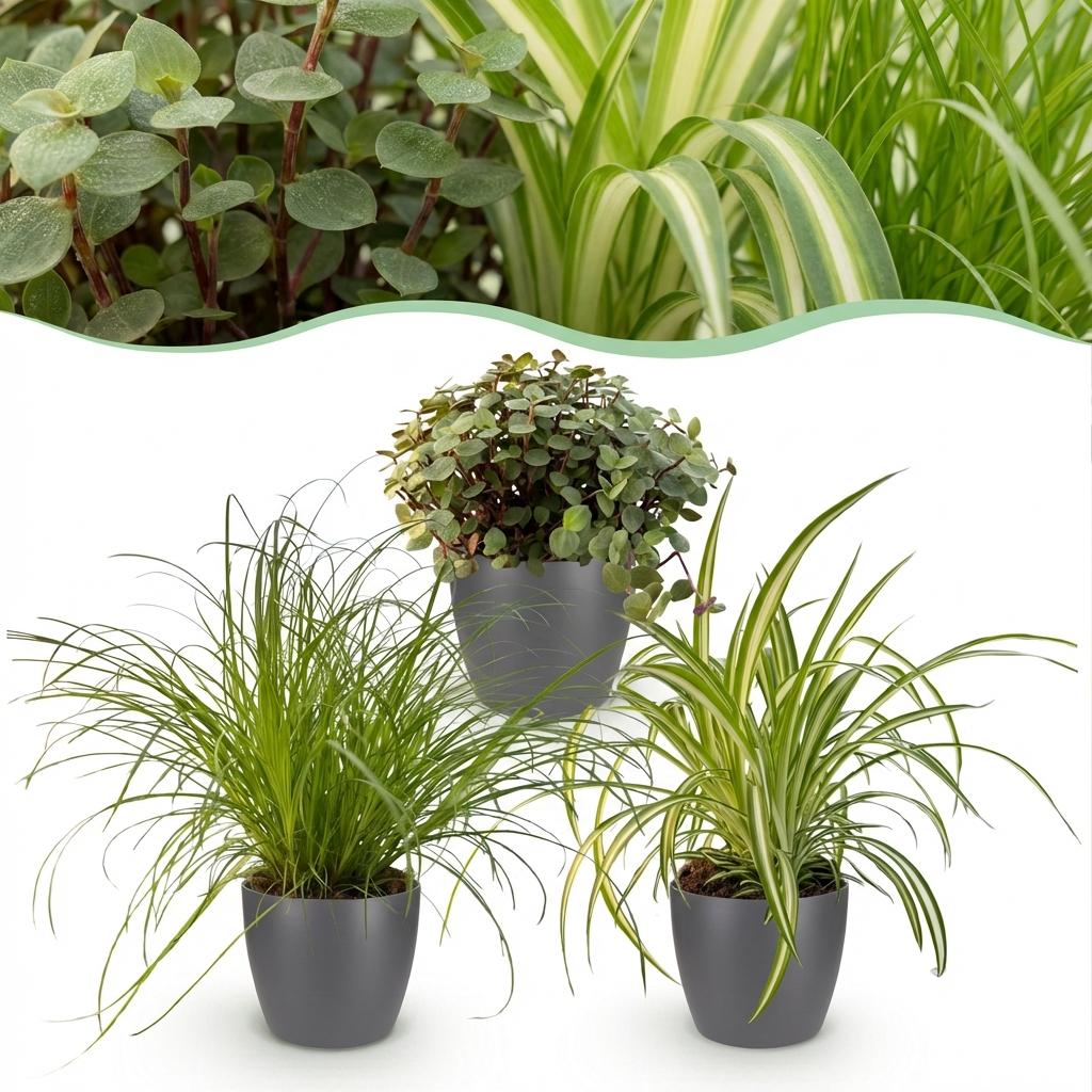 Green boutiQ - Zimmerpflanze - Cyperus - Callisia - Chlorophytum - 3er-Set - Haustierfreundliche Pflanzen - Grün - 3 Pflanzen - mit grauem Übertopf - Topf 12 cm - Höhe 20 cm