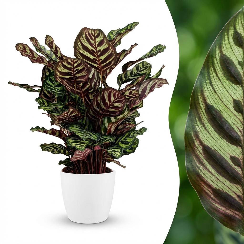 Green boutiQ - Plante d'intérieur - Calathea Makoyana - Vert - Entretien facile - 1 plante - avec pot blanc - Pot 19cm - Hauteur 70cm