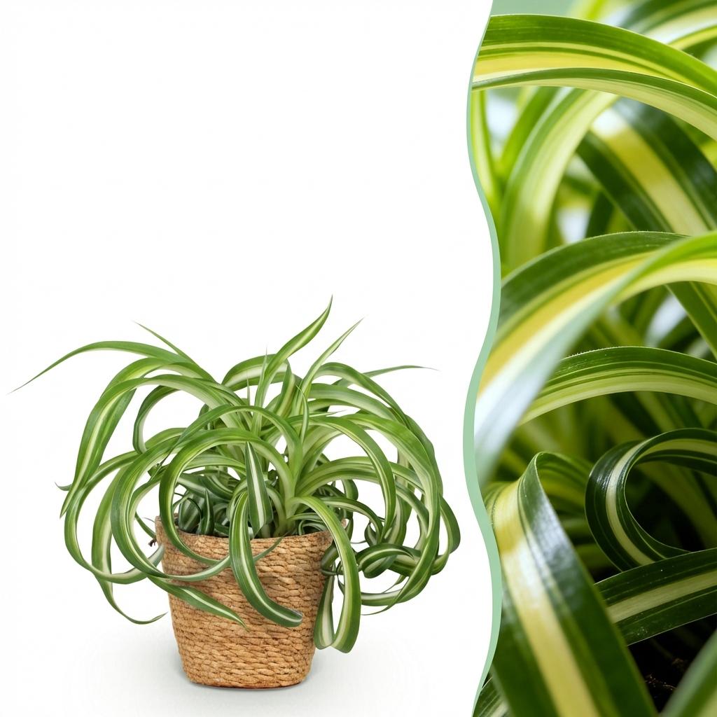 Green boutiQ - Plante d'intérieur - Chlorophytum comosum Bonnie - Phalangère frisée - Plante adaptée aux animaux de compagnie - Vert - 1 plante - avec panier - Pot 12 cm - Hauteur 20 cm