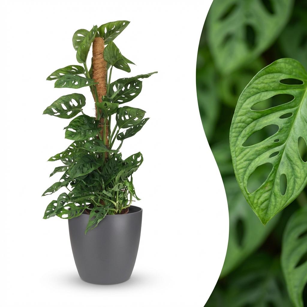 Green boutiQ - Plante d'intérieur - Monkey Mask - Monstera Adansonii sur tuteur - Vert - Peu d'entretien - 1 plante - avec pot gris - Pot 19cm - Hauteur 90cm