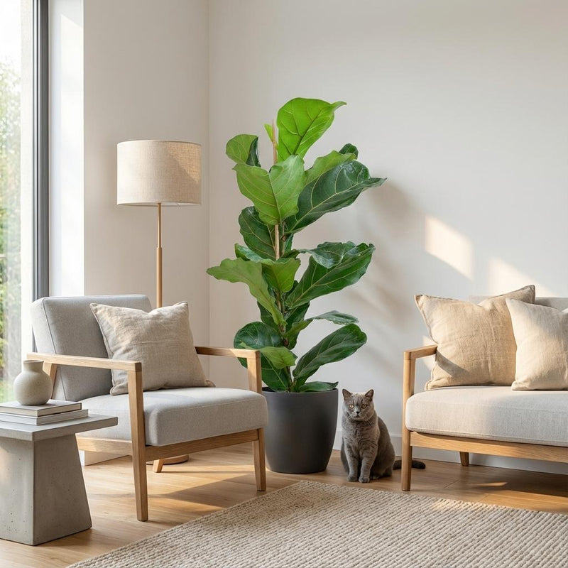 Green boutiQ - Kamerplant - Vioolbladplant - Ficus Lyrata - Groen - Weinig onderhoud - 1 Plant - met Potter Grijs - Pot 21cm - Hoogte 75 - 85cm