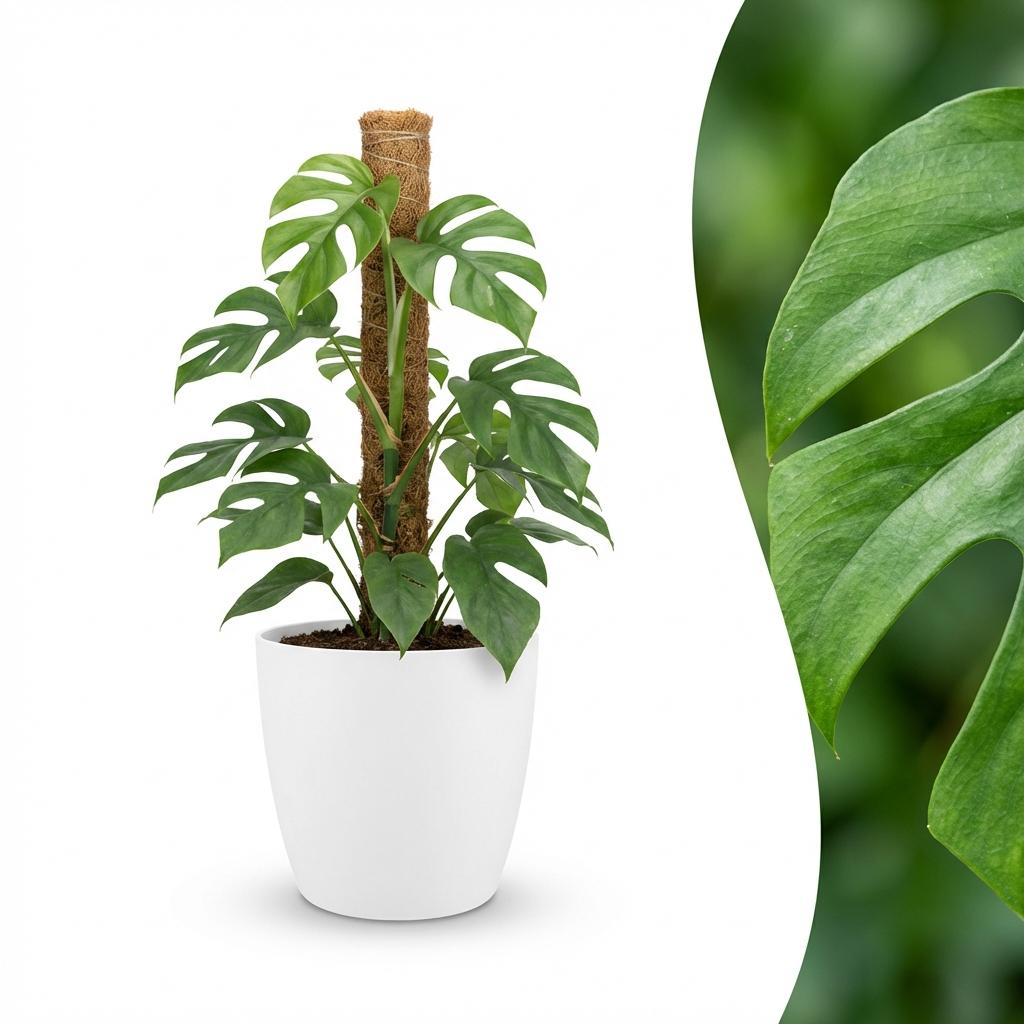 Green boutiQ - Zimmerpflanze - Mini-Fensterblatt - Monstera Minima Moosstab - Grün - pflegeleicht - 1 Pflanze - mit weißem Übertopf - Topf 19 cm - Höhe 90 cm