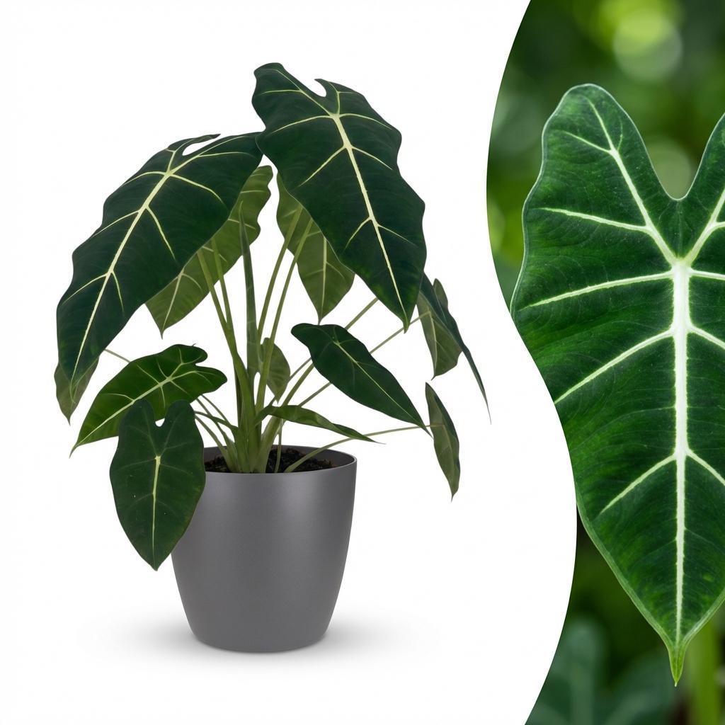 Green boutiQ - Plante d'intérieur - Oreille d'éléphant - Alocasia Frydek - Vert - Peu d'entretien - 1 plante - avec pot gris - Pot 19cm - Hauteur 60cm