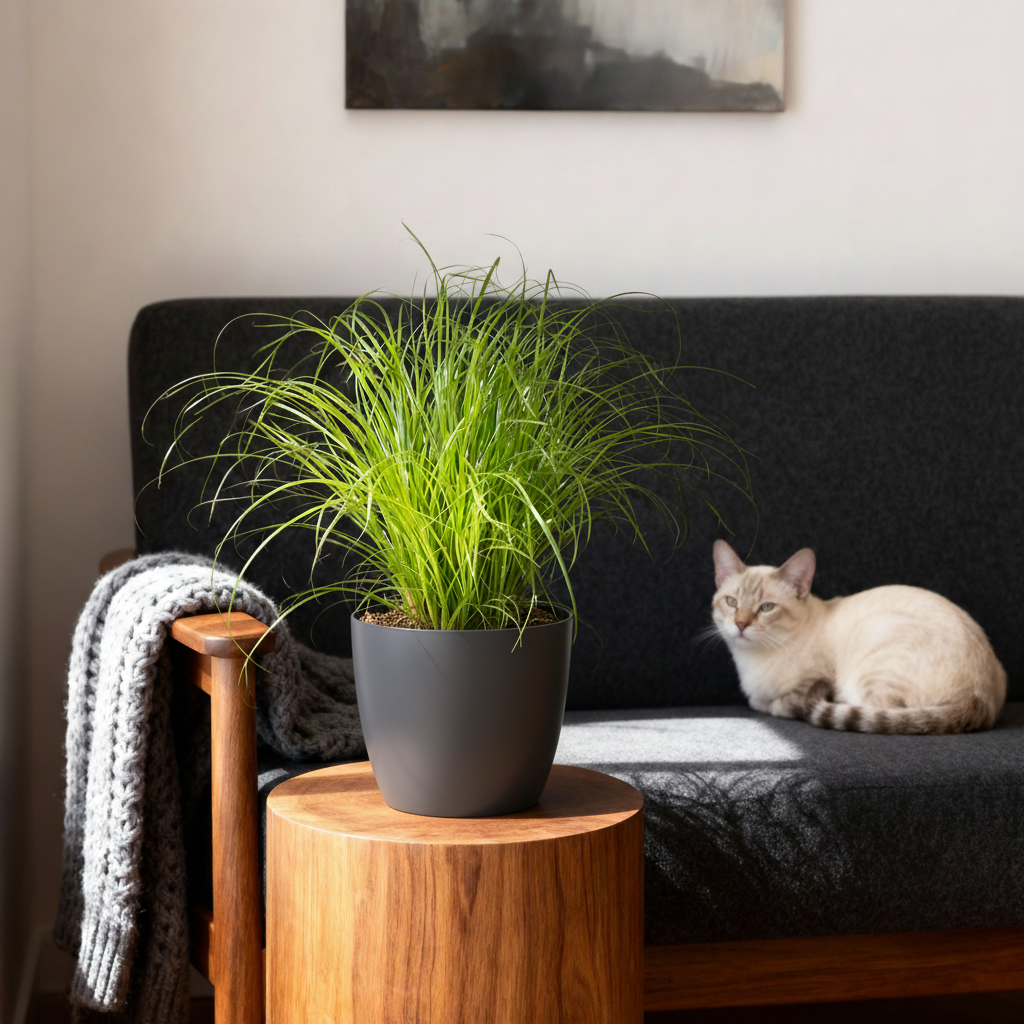 Green boutiQ - Plante d'intérieur - Cyperus alternifolius Zumula - Herbe à chat - Plante adaptée aux animaux domestiques - Vert - 4 Plantes - avec Cache-pot Gris - Pot 12cm - Hauteur 20cm