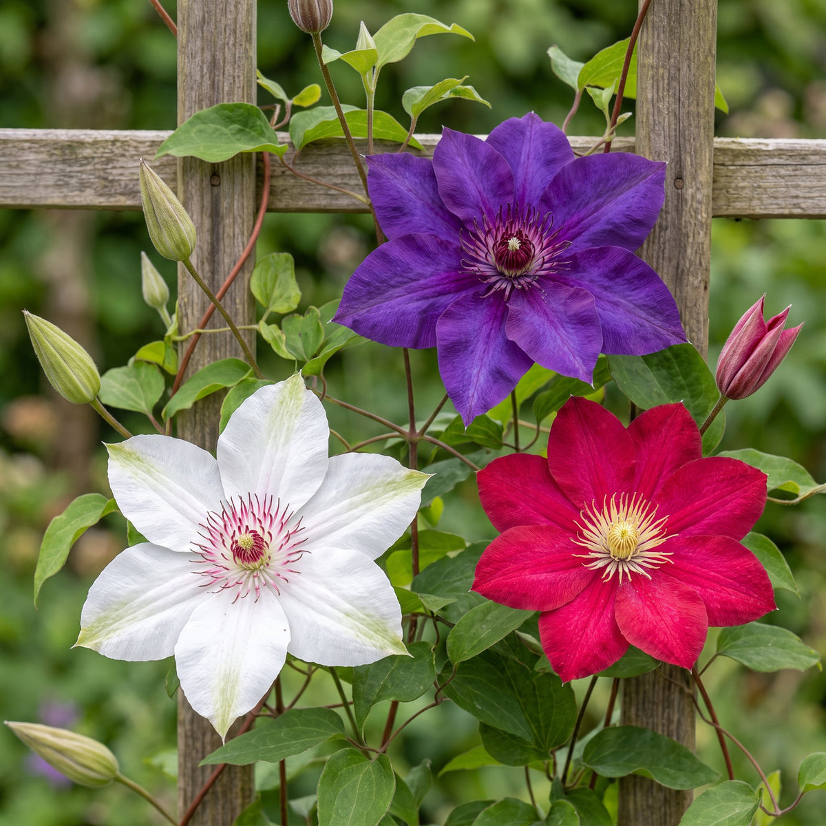12x Clematis Tricolour - Driekleurige bosrank - Paars - Roze - Wit - Klimplant - Ø9cm - ↕35cm