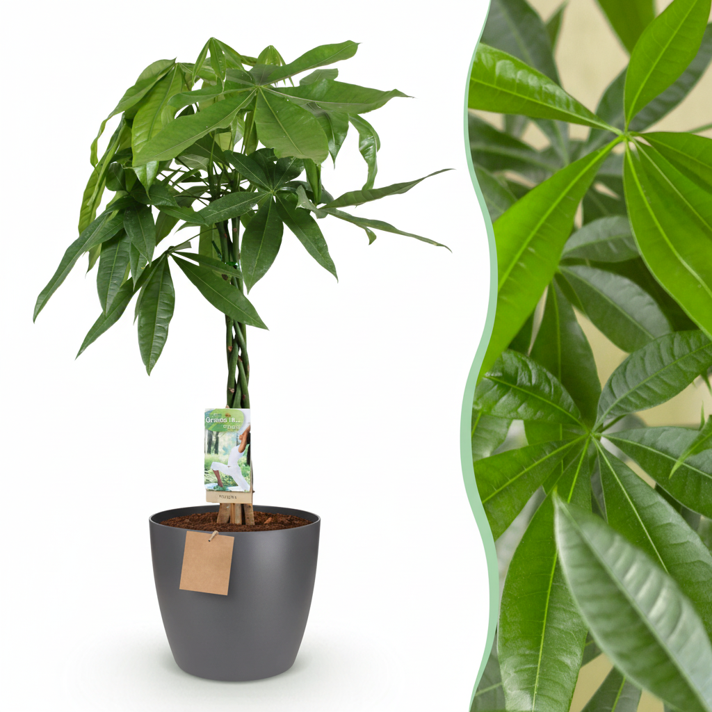 Green boutiQ - Plante d'intérieur - Arbre à monnaie - Pachira Aquatica - Vert - Entretien facile - 1 plante - avec pot gris - Pot 21cm - Hauteur 75 - 85cm